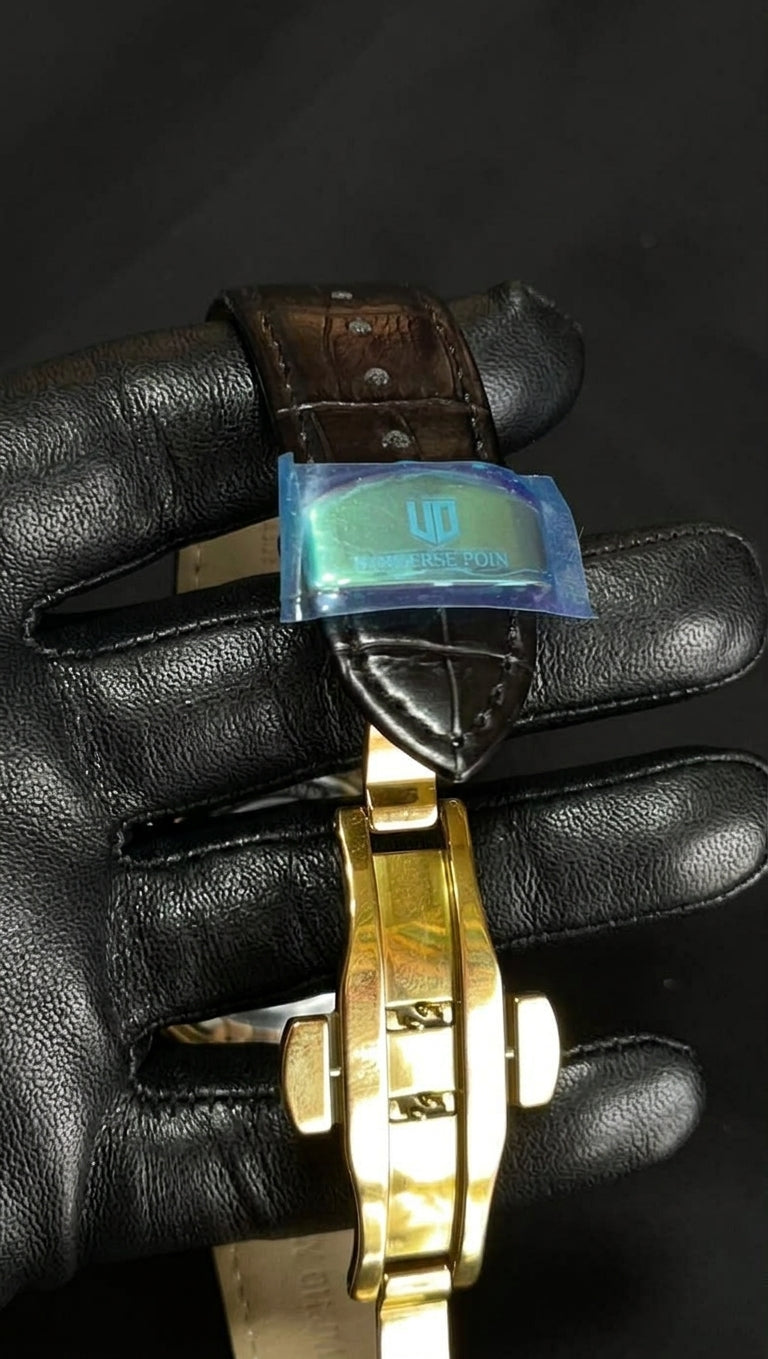 Universe Point Watch — Gold Dial, Black Leather